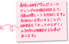 最後に研修で学んだマーケティングの知識を踏まえて、活動目標シートを作成します。具体的に文字にすることで、研修後も「やってやるぞ!」の気持ちが継続する効果があります。